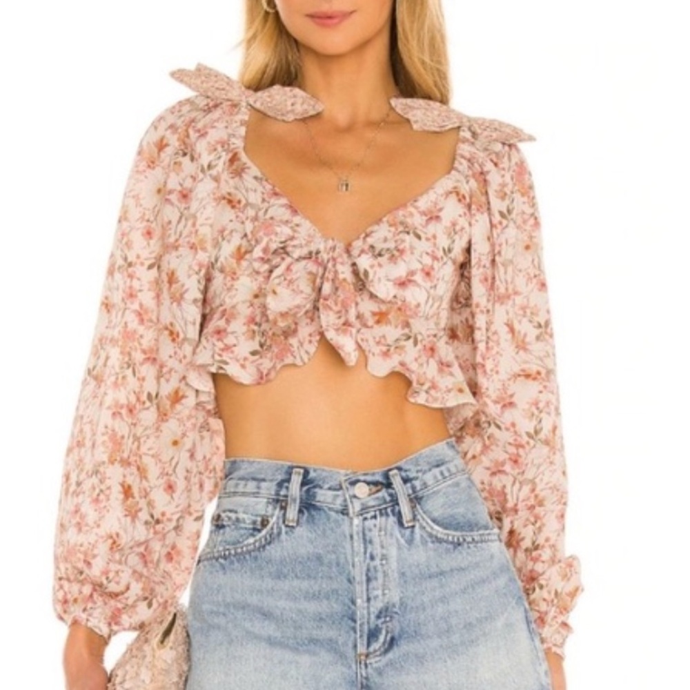 Tularosa Pink Floral Tie-Front Long-Sleeve Crop Top